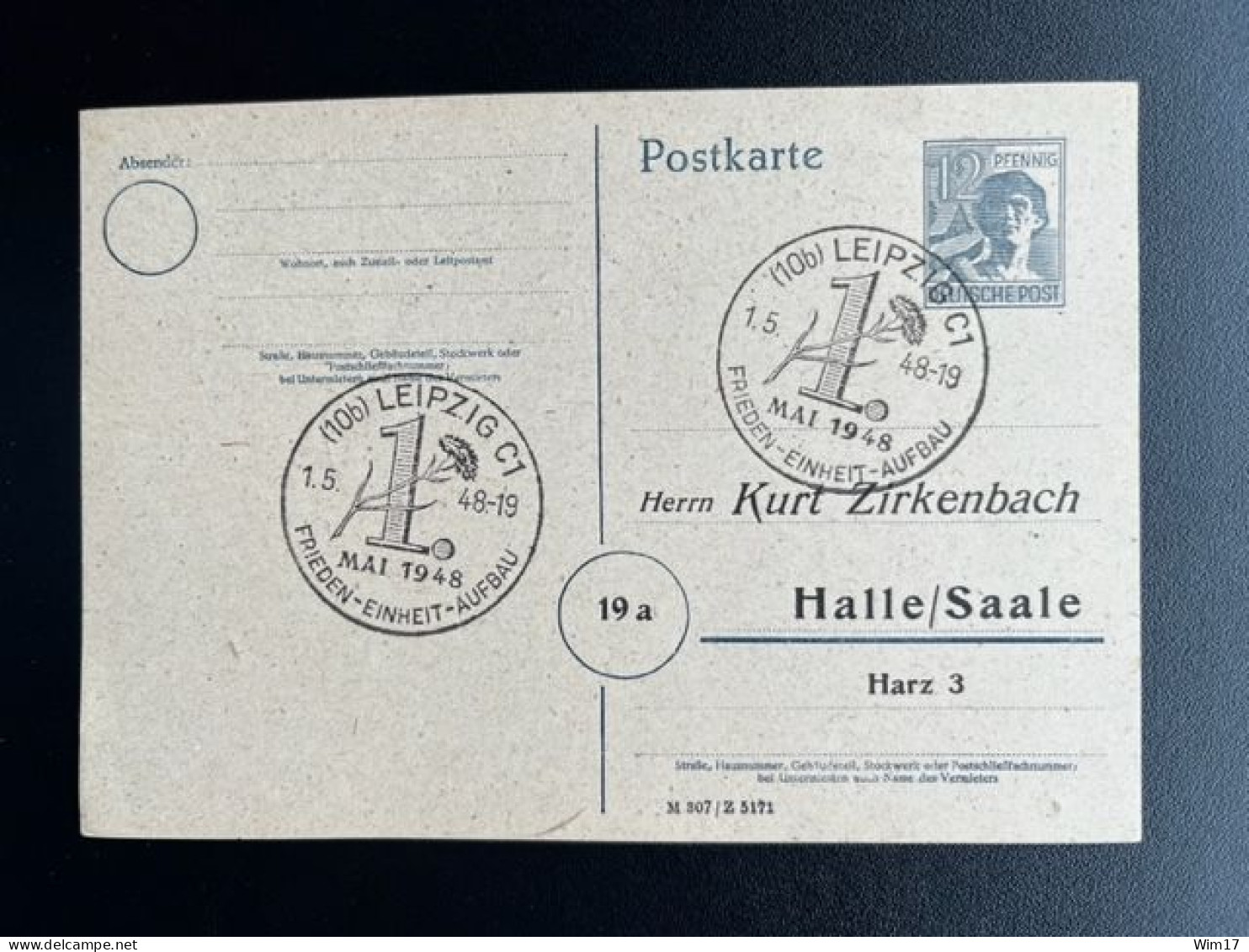 GERMANY 1948 POSTCARD LEIPZIG TO HALLE 01-05-1948 DUITSLAND DEUTSCHLAND SST FRIEDEN EINHEIT AUFBAU - Postwaardestukken