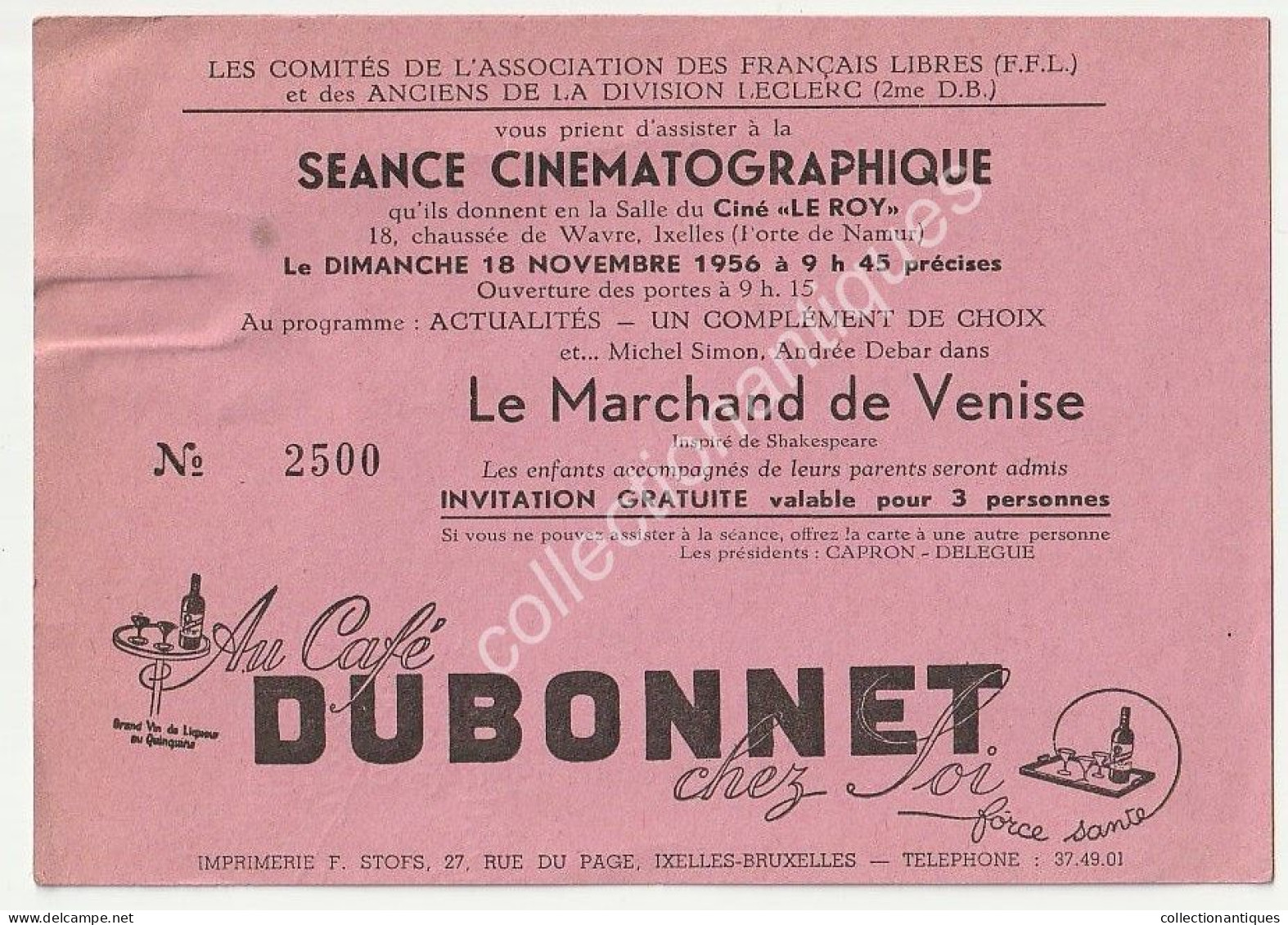 Carte D'invitation Séance Cinématographique 18 Novembre 1956 - Anciens De La Division Leclerc (2ème DB) Et F.F.L. - Wavre