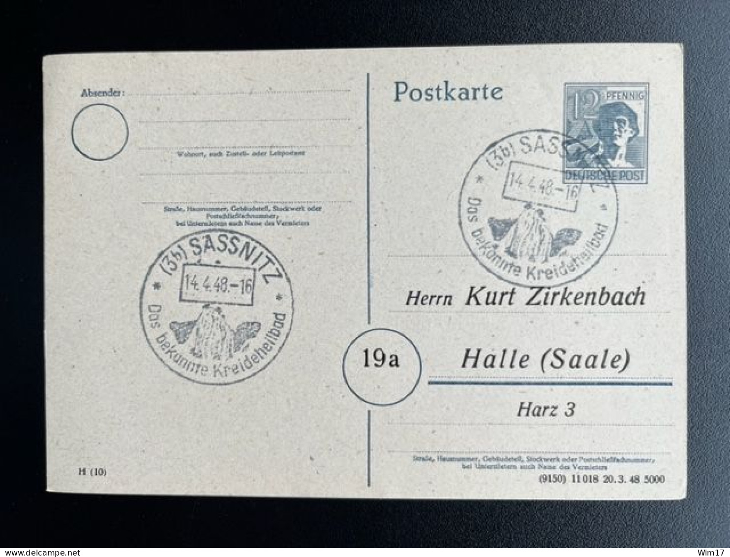 GERMANY 1948 POSTCARD SASSNITZ TO HALLE 14-04-1948 DUITSLAND DEUTSCHLAND SST KREIDEHEILBAD - Ganzsachen