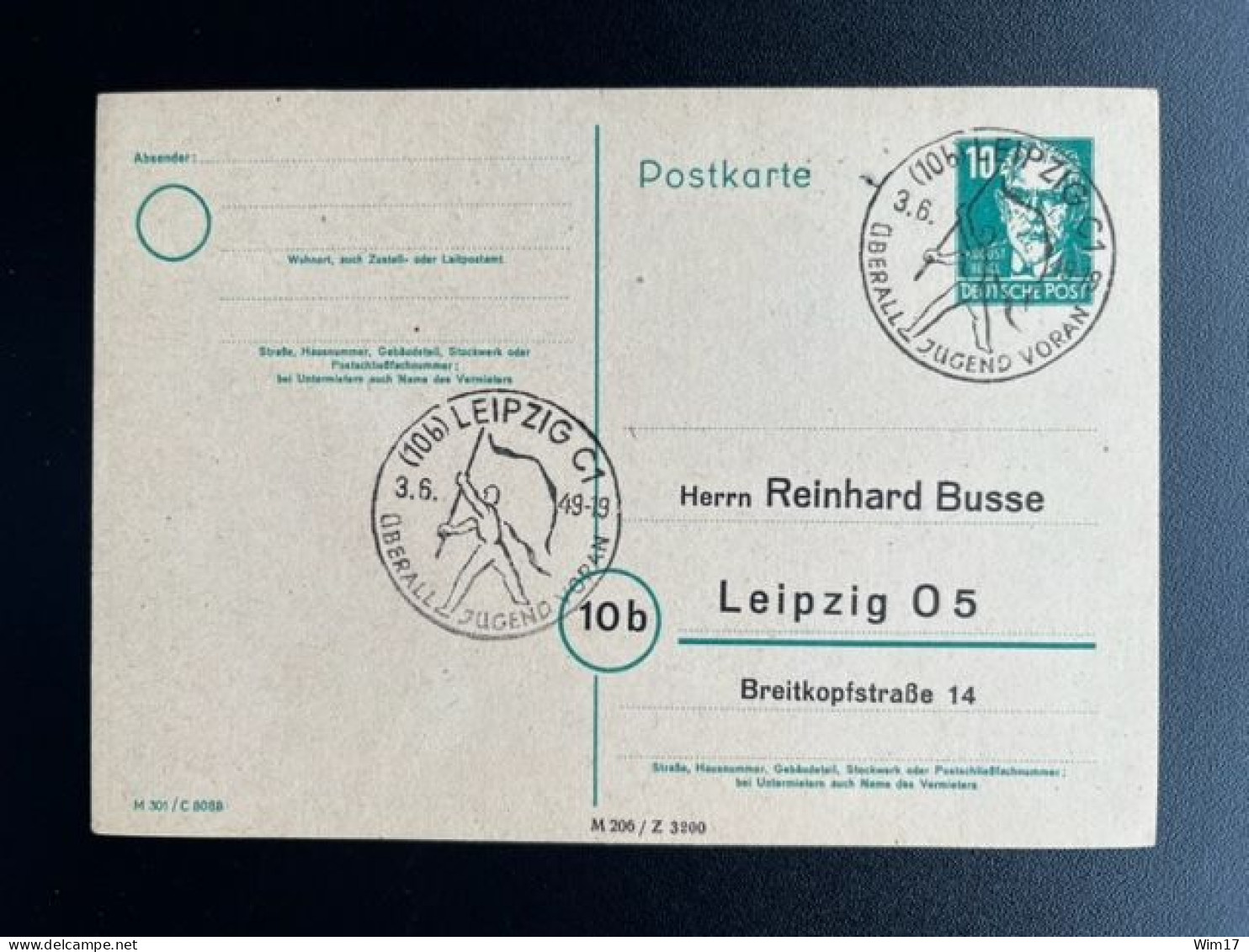 GERMANY 1949 POSTCARD LEIPZIG 03-06-1949 DUITSLAND DEUTSCHLAND SST UBERALL JUGEND VORAN - Enteros Postales
