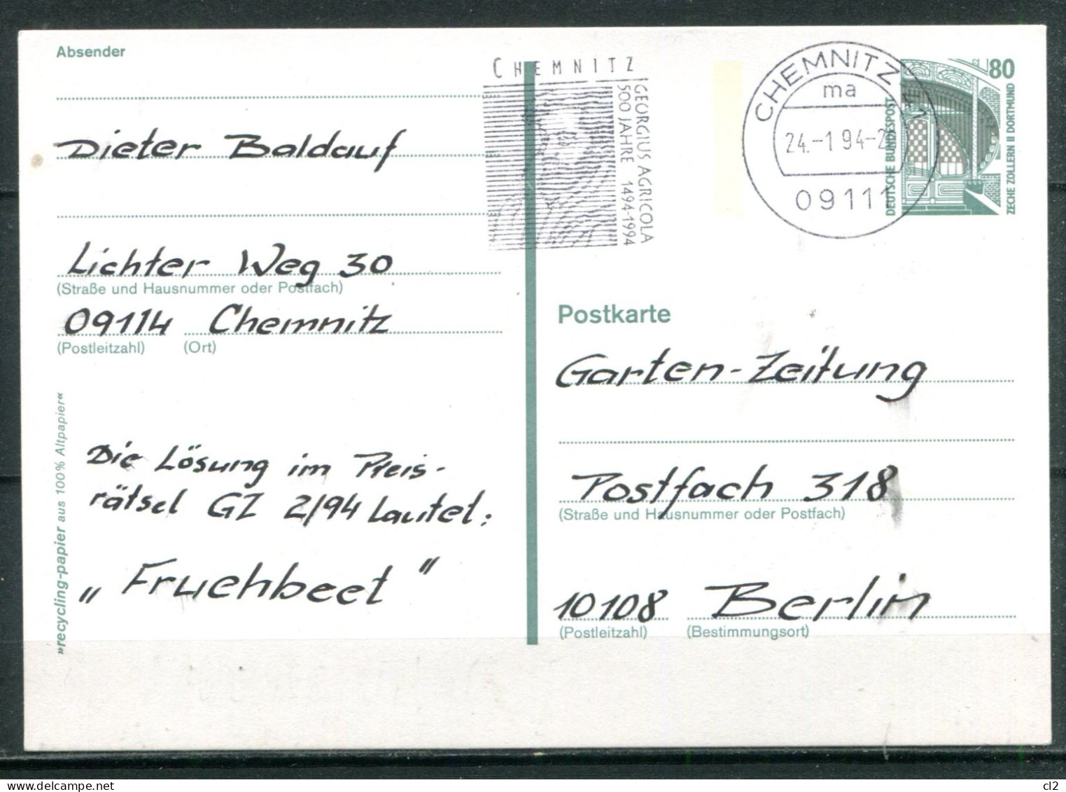 REPUBLIQUE FEDERALE ALLEMANDE - Ganzsache (Entier Postal) Michel P 150 (Chemnitz - 500 Jahre Georgius Agricola) - Postkarten - Gebraucht