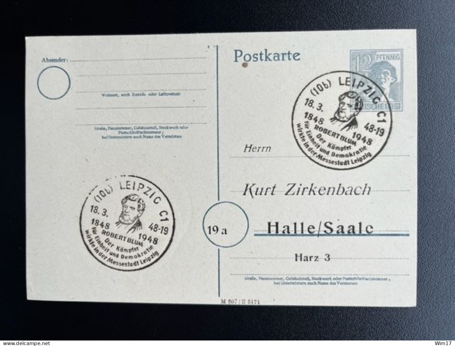 GERMANY 1948 POSTCARD LEIPZIG TO HALLE 18-03-1948 DUITSLAND DEUTSCHLAND SST ROBERT BLUM - Postwaardestukken