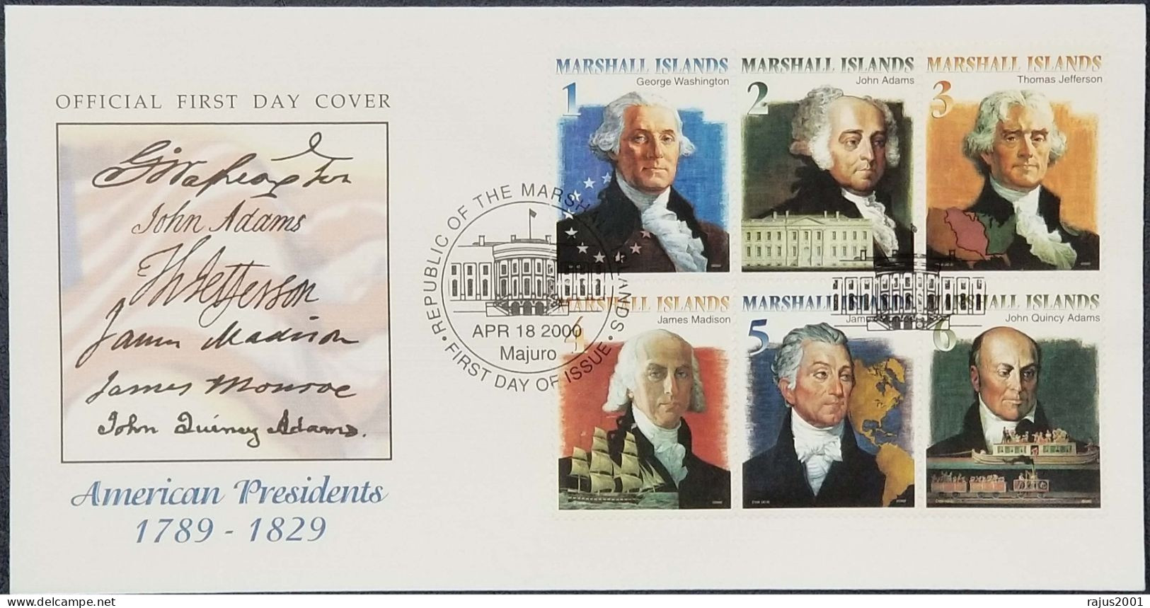 American Presidents, USS Constitution, James Madison, John Adams, Presidents Printed  Autograph Marshall Island FDC 2000 - Marshall