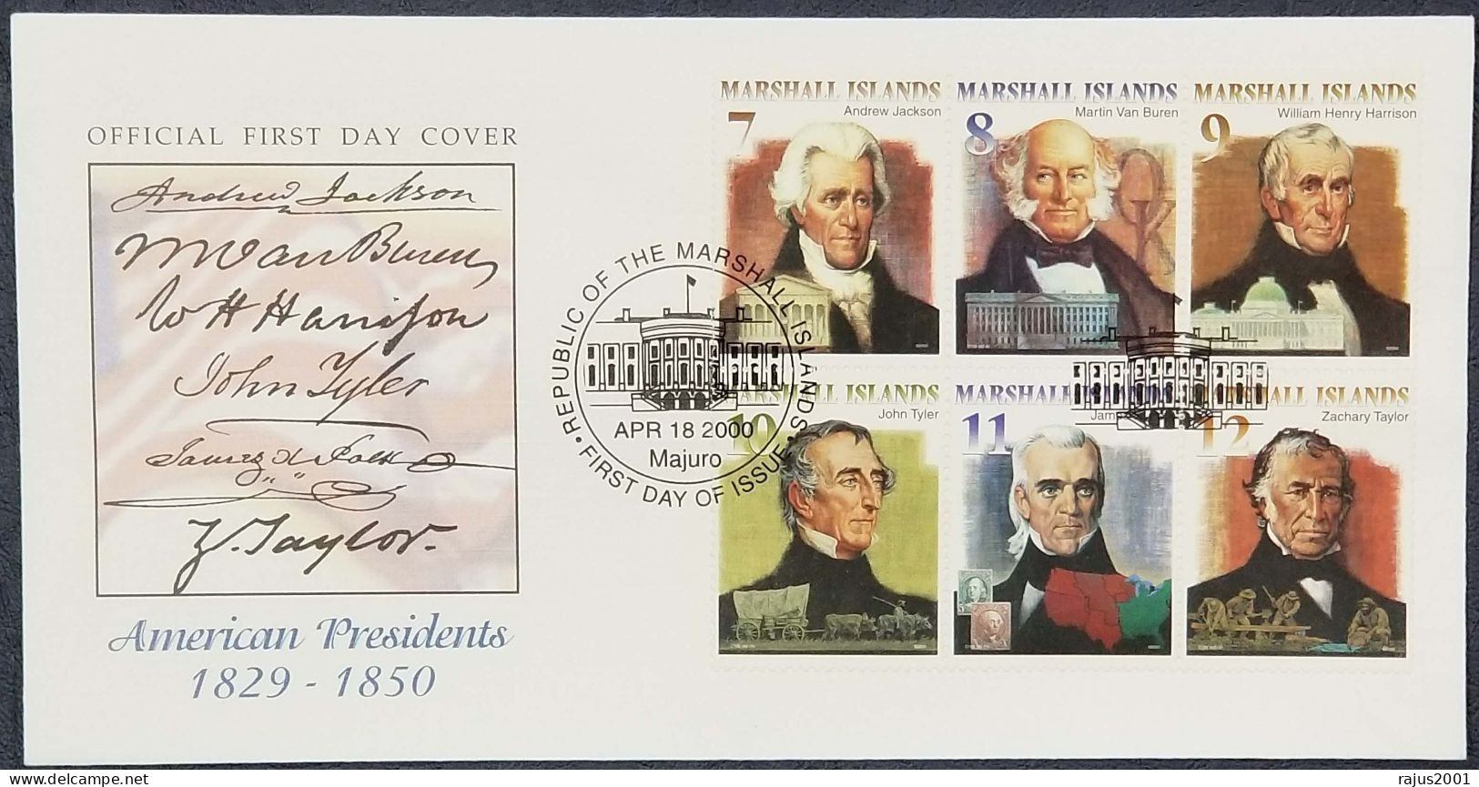 American Presidents, USS Constitution, Andrew, Henry, Tyler, All Presidents Printed  Autograph Marshall Island FDC 2000 - Marshall