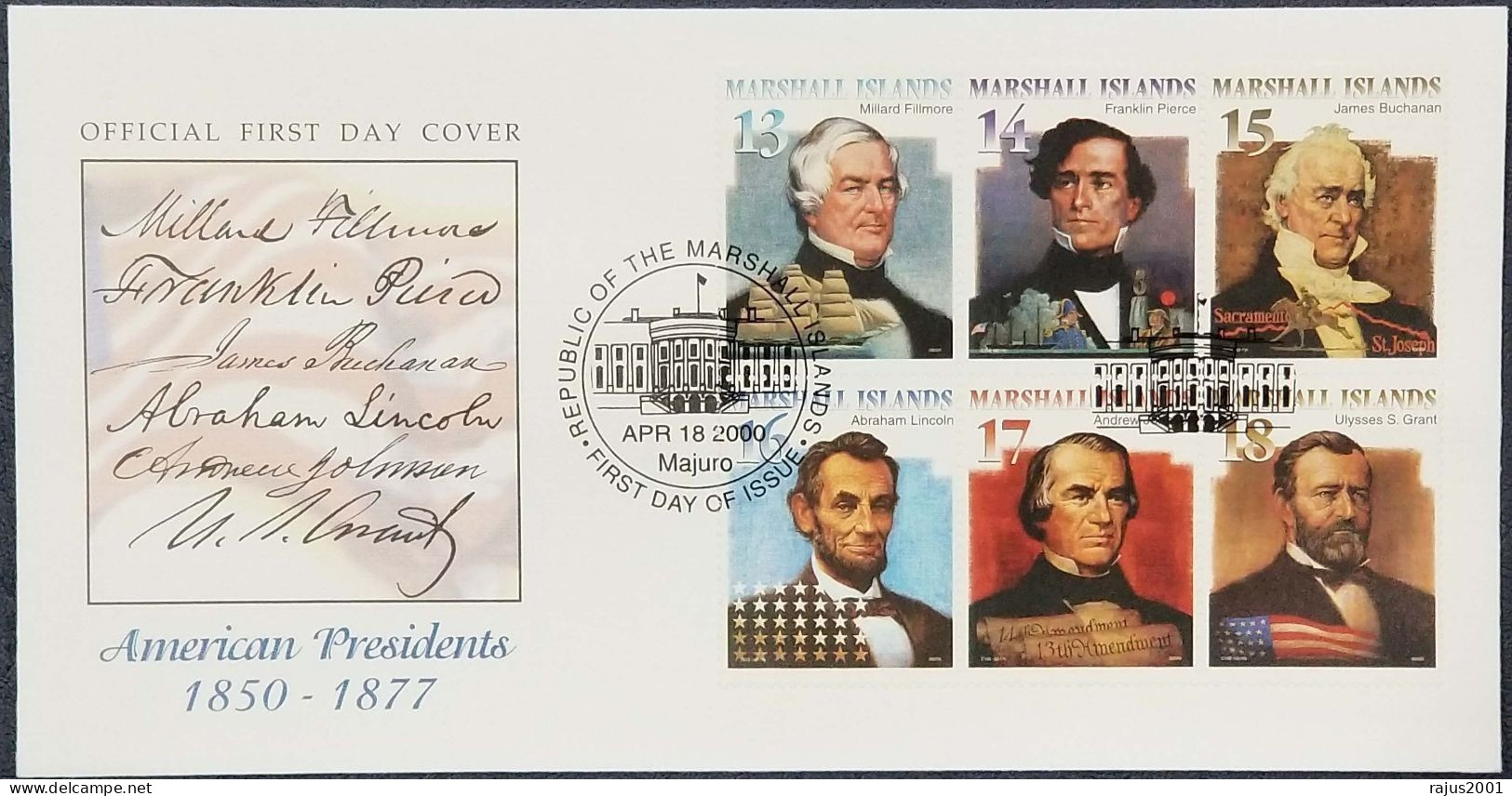 American Presidents USS Constitution, Abraham Lincoln Millard All Presidents Printed  Autograph Marshall Island FDC 2000 - Marshallinseln