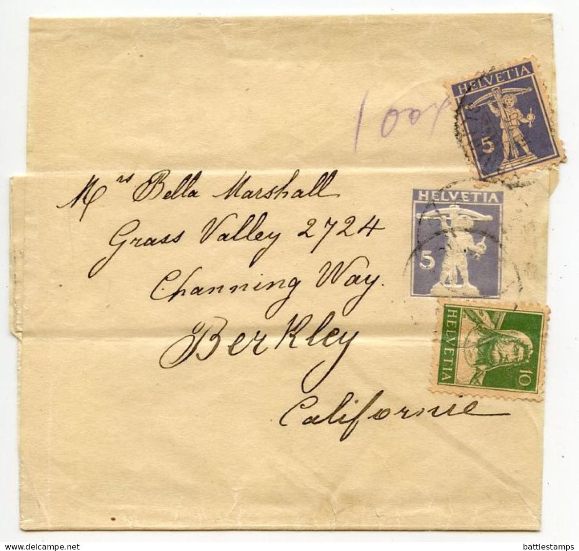 Switzerland 1926 Uprated 5c. William Tell's Son Wrapper To Berkley, California, United States - Entiers Postaux