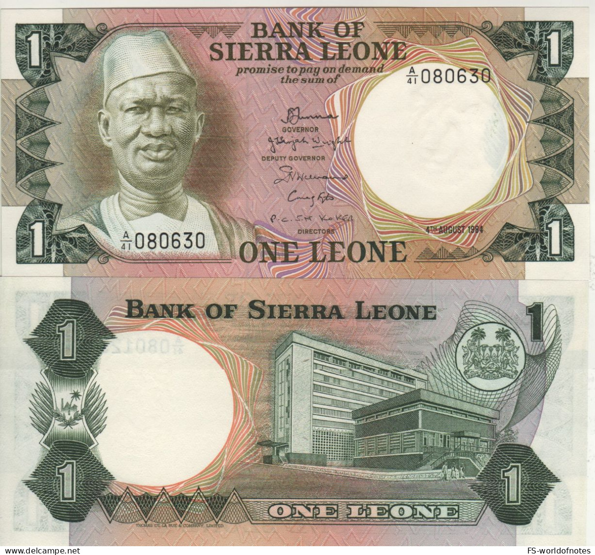 SIERRA  LEONE  1 Leone  P5e   Dated  04.08.1984   ( President Siaka Stevens  + Bank Building At Back ) - Sierra Leona