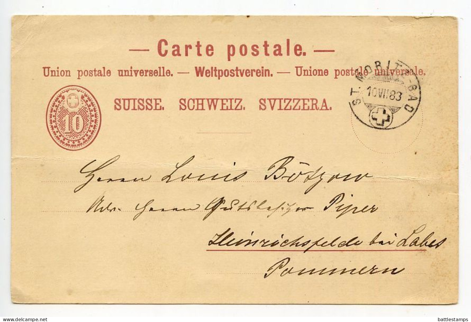 Switzerland 1883 10c. Swiss Cross Postal Card - St. Moritz-Bad To Heinrichsfelde Bei Labes, Germany (Trzeszczyna Poland) - Entiers Postaux