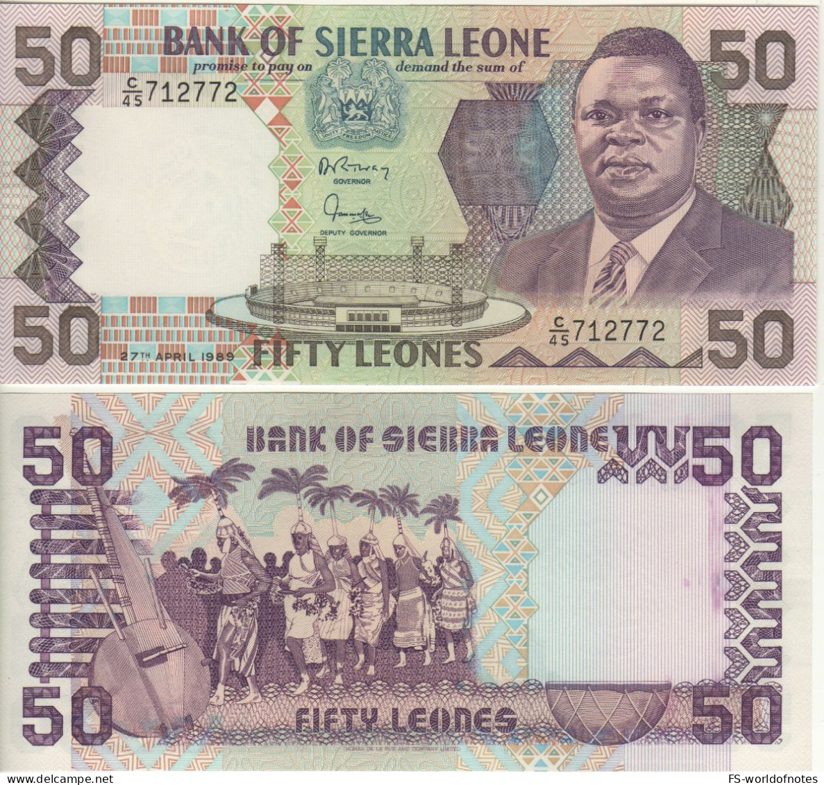 SIERRA  LEONE  50 Leone  P17b    Dated  27.04.1989   ( President Dr. Joseph Saidu Momoh  + Dancers At Back ) - Sierra Leona