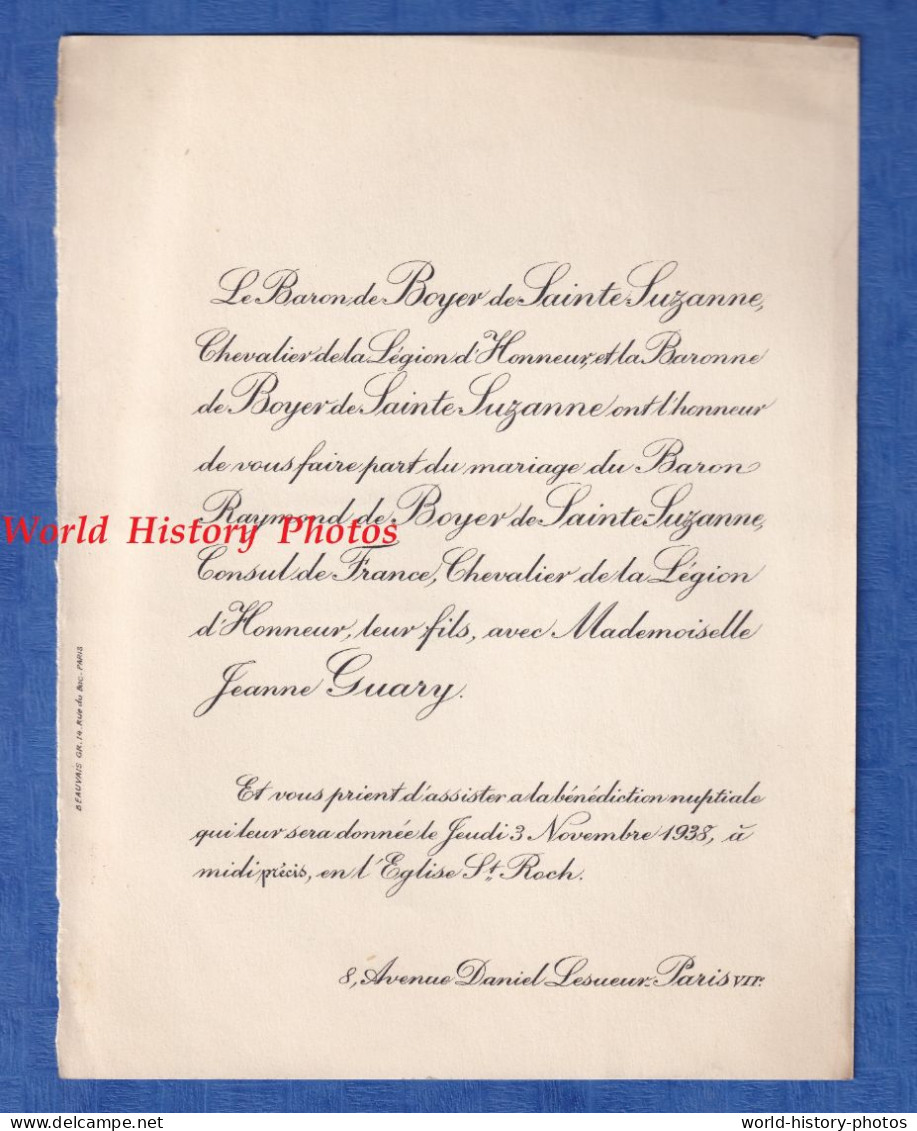 Faire Part De 1938 - PARIS VIIe , Avenue Daniel Lesueur - Mariage Raymond De BOYER De SAINTE SUZANNE & Jeanne GUARY - Hochzeit