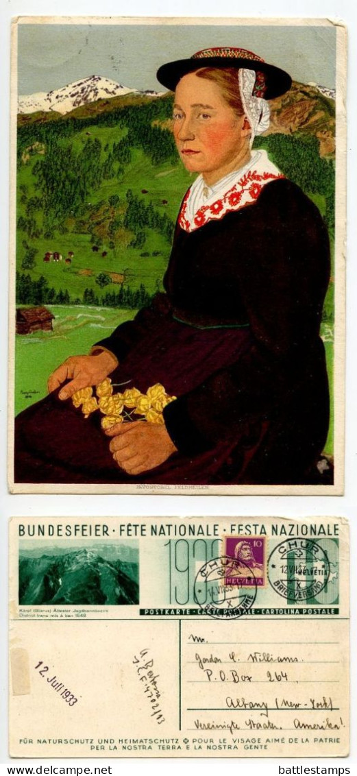 Switzerland 1933 Bundesfeier - Fete Nationale - Festa Nazionale Postal Card; Chur To Albany, New York - Entiers Postaux