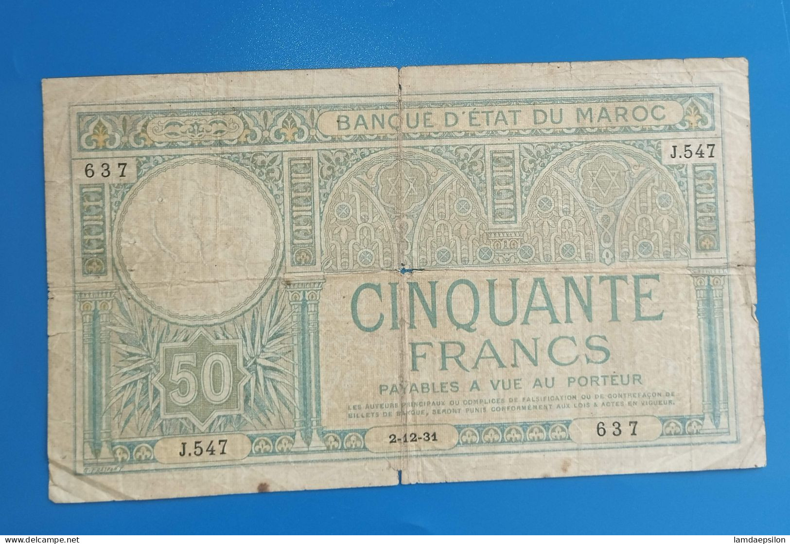 BANQUE D'ETAT DU  MAROC MOROCCO  MARRUECOS 50 FRANCS 1931  RARE - Maroc