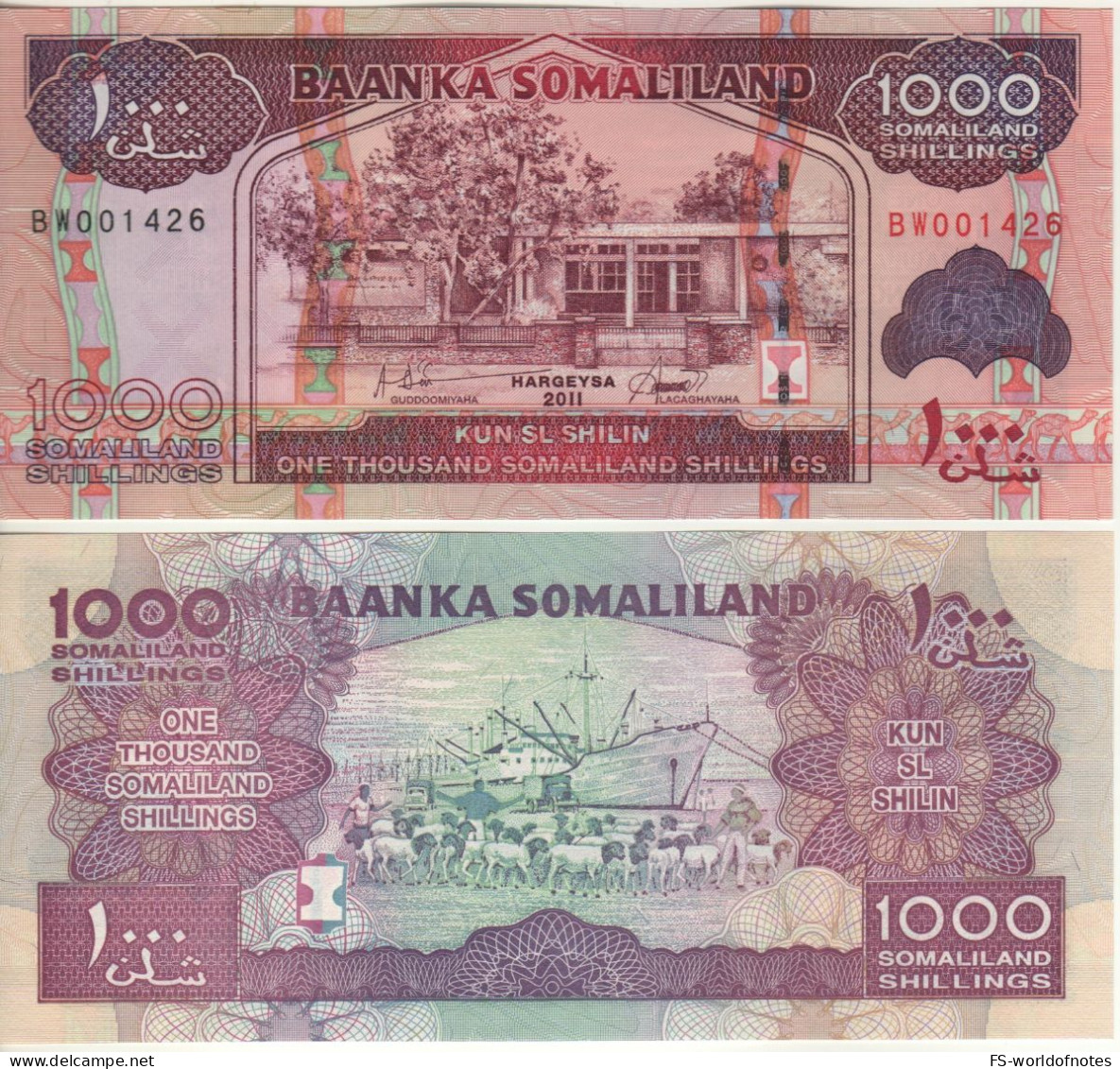 Somaliland  1'000  Somaliland Shillings  P20a   Dated 2011  " Bank Building At Front +  Sheep, Port Of Berbera At Back " - Somalie