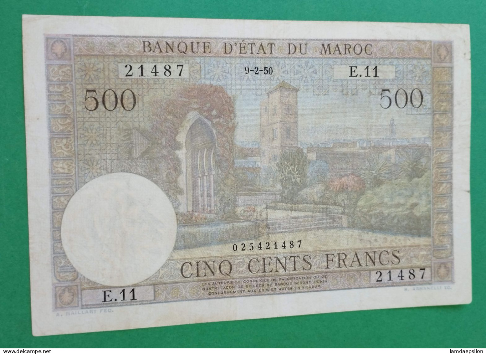 BANQUE D'ETAT DU  MAROC MOROCCO  MARRUECOS 500 FRANCS 9-2-1950 - Marocco