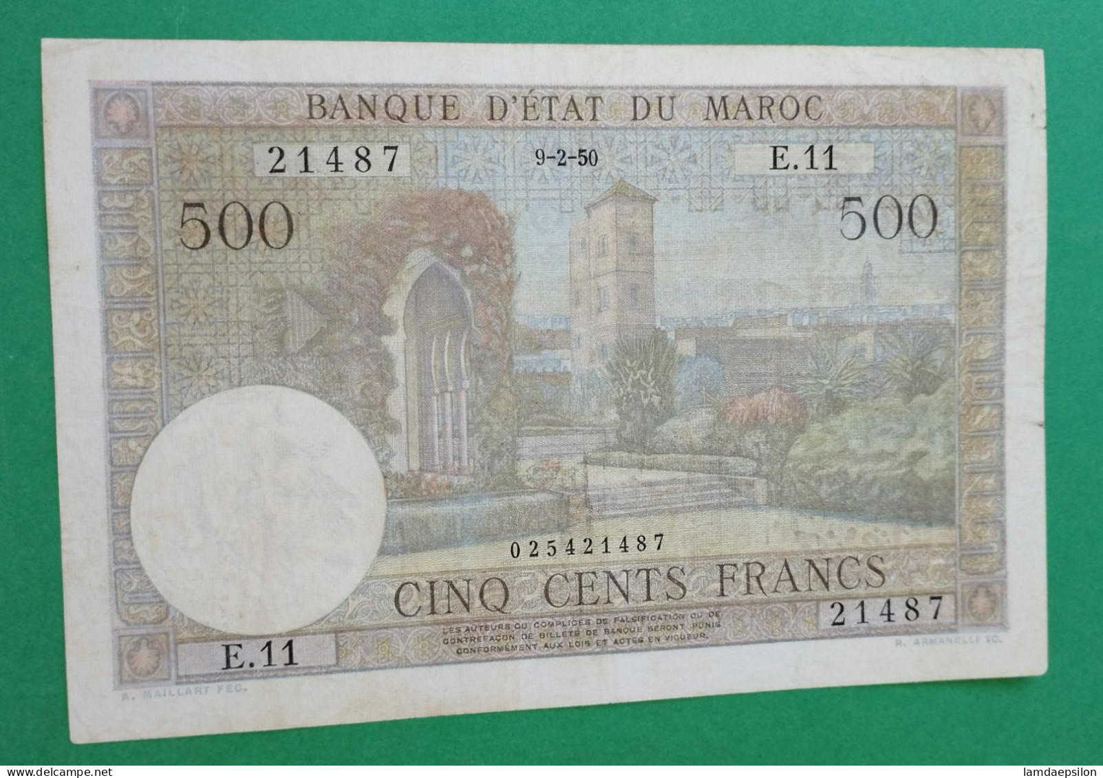 BANQUE D'ETAT DU  MAROC MOROCCO  MARRUECOS 500 FRANCS 9-2-1950 - Morocco