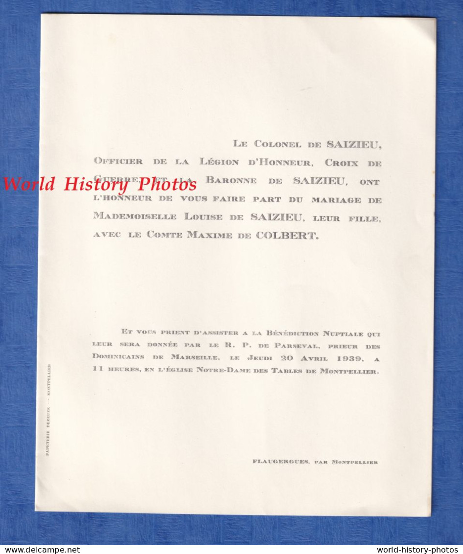 Faire Part De 1939 - FLAUGERGUES Par MONTPELLIER - Mariage Comte Maxime De COLBERT Avec Louise De SAIZIEU - Mariage