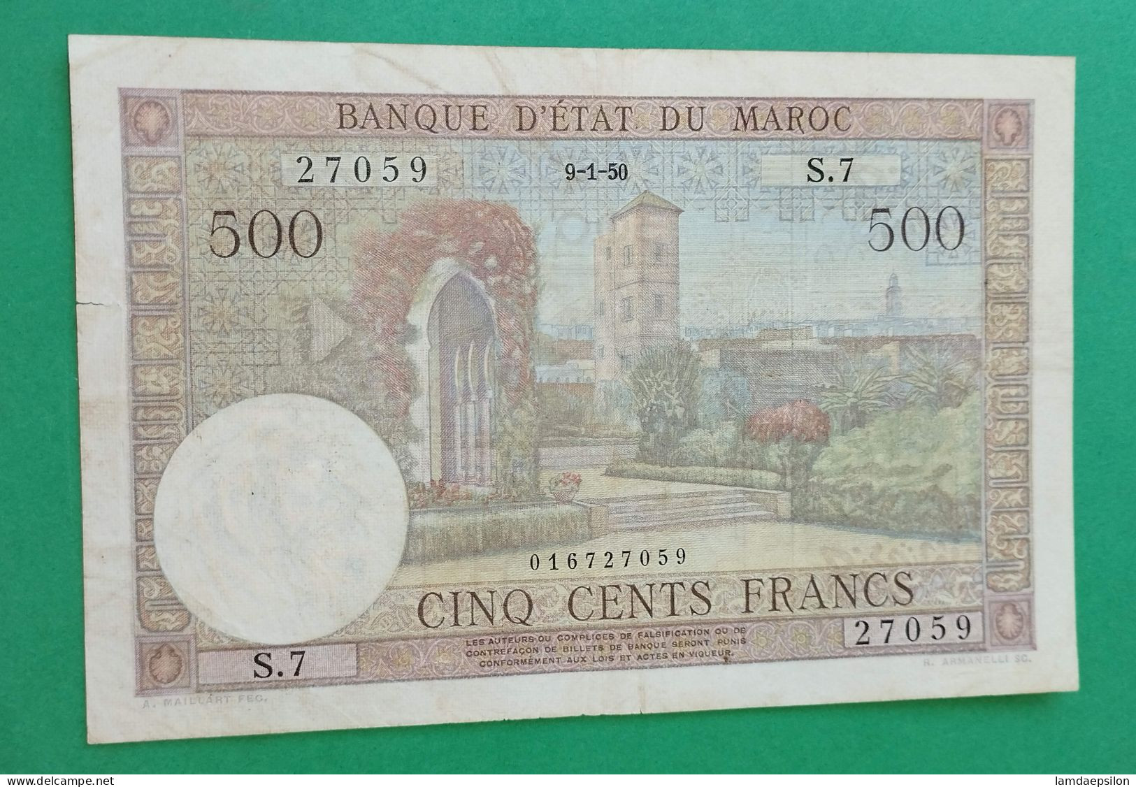 BANQUE D'ETAT DU  MAROC MOROCCO  MARRUECOS 500 FRANCS 9-1-1950 - Marocco