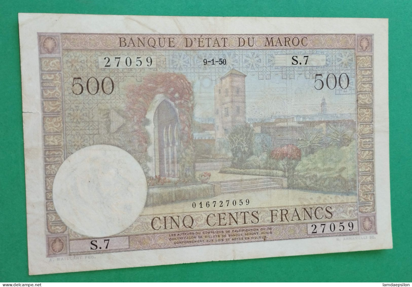 BANQUE D'ETAT DU  MAROC MOROCCO  MARRUECOS 500 FRANCS 9-1-1950 - Marocco