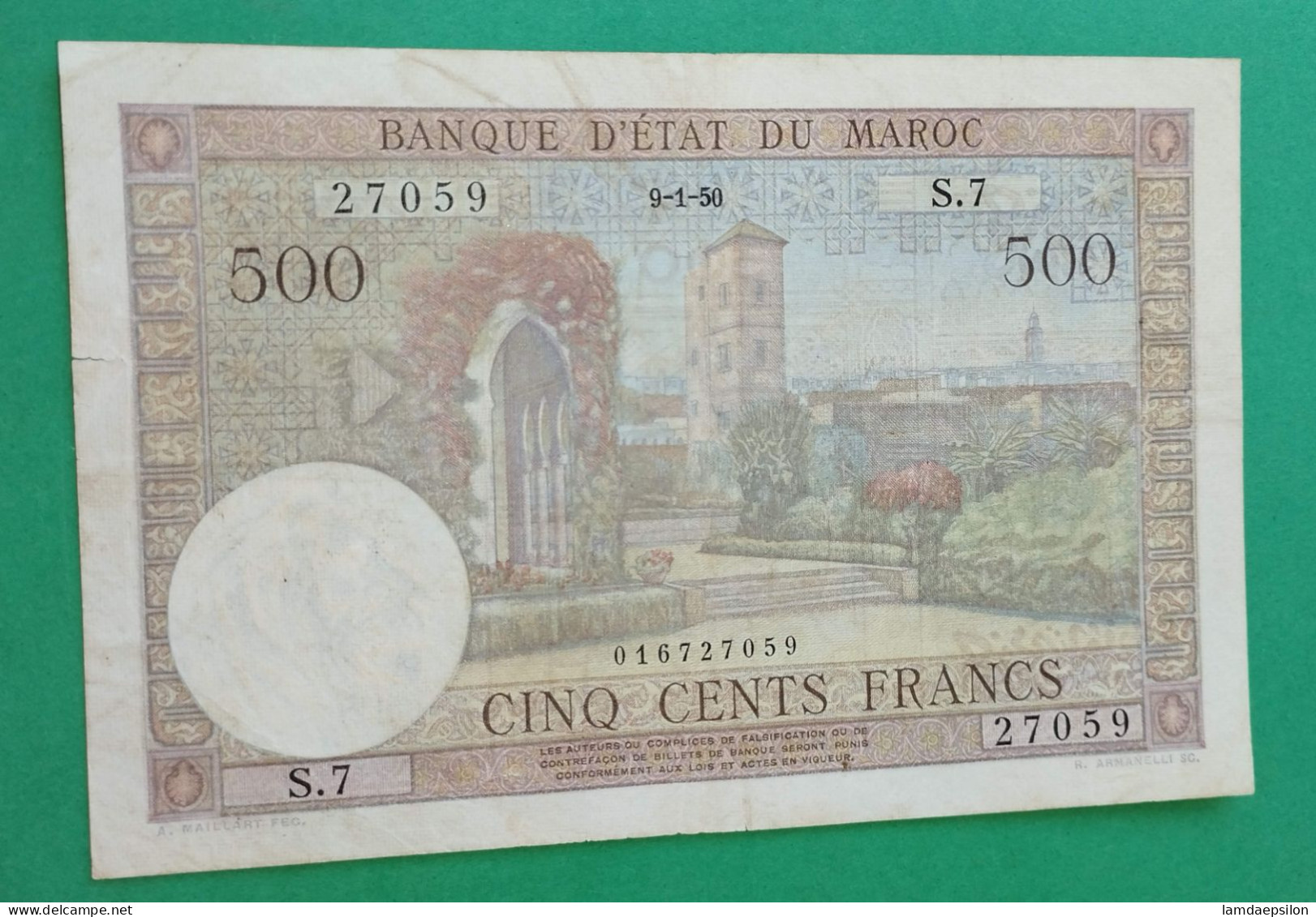 BANQUE D'ETAT DU  MAROC MOROCCO  MARRUECOS 500 FRANCS 9-1-1950 - Morocco