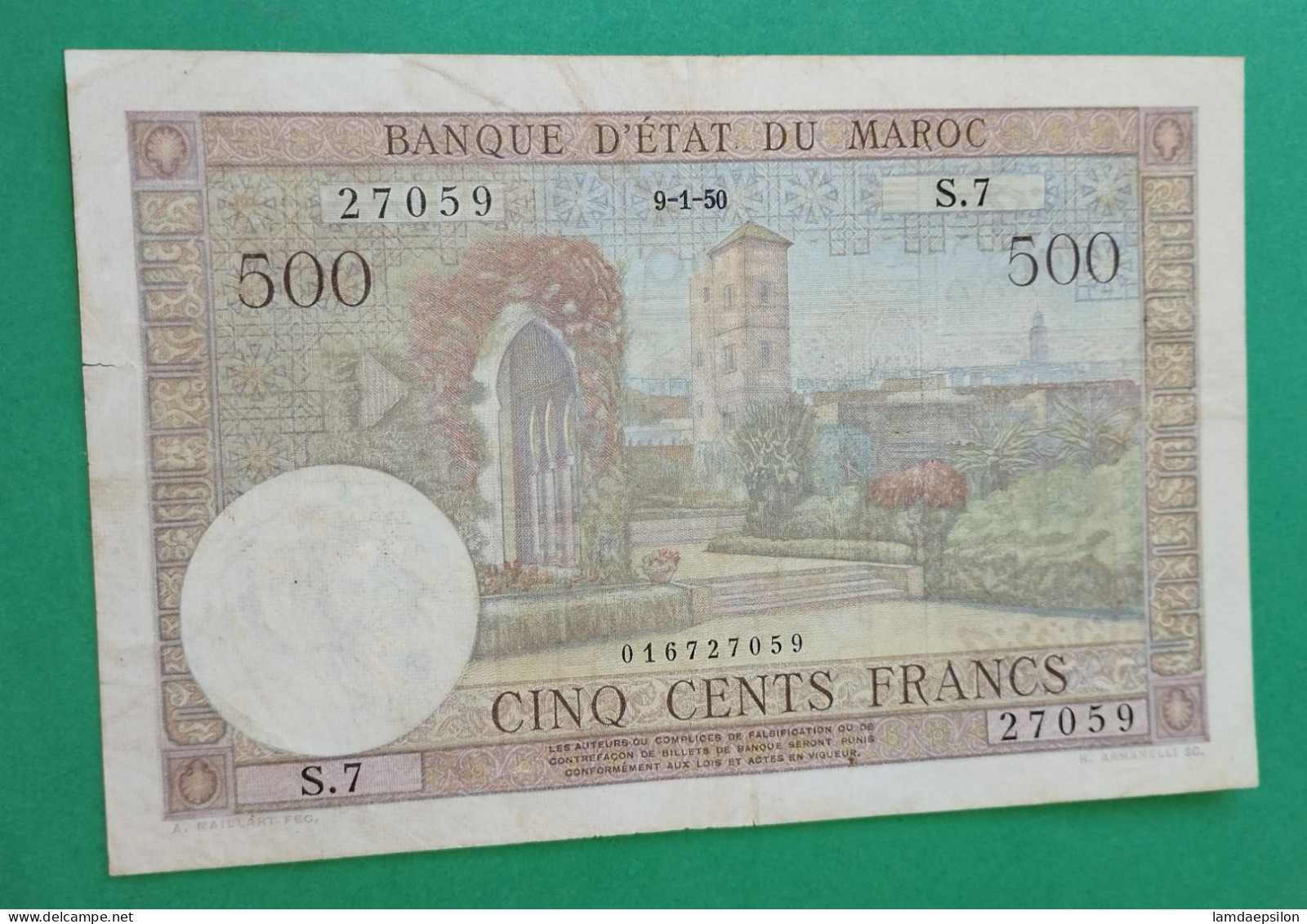 BANQUE D'ETAT DU  MAROC MOROCCO  MARRUECOS 500 FRANCS 9-1-1950 - Maroc