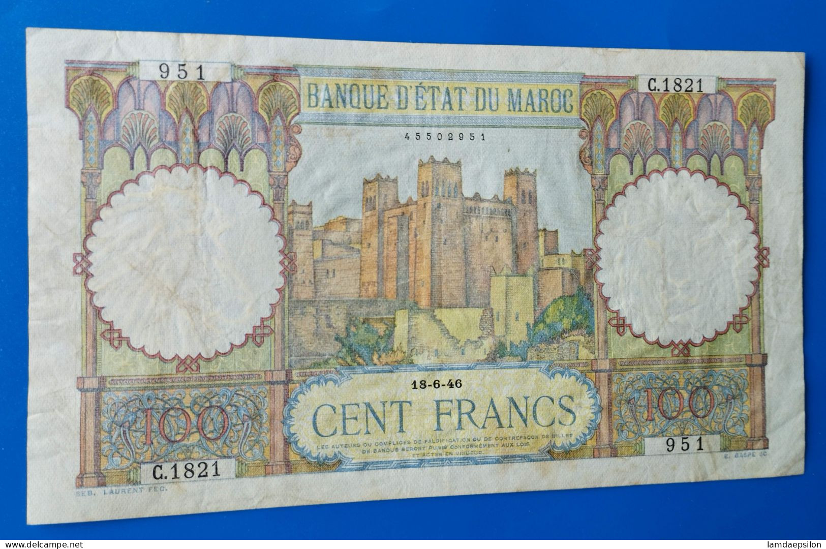 MAROC MOROCCO MARRUECOS MAROKKO BANQUE D'ETAT 100 FRANC 1946 - Marokko