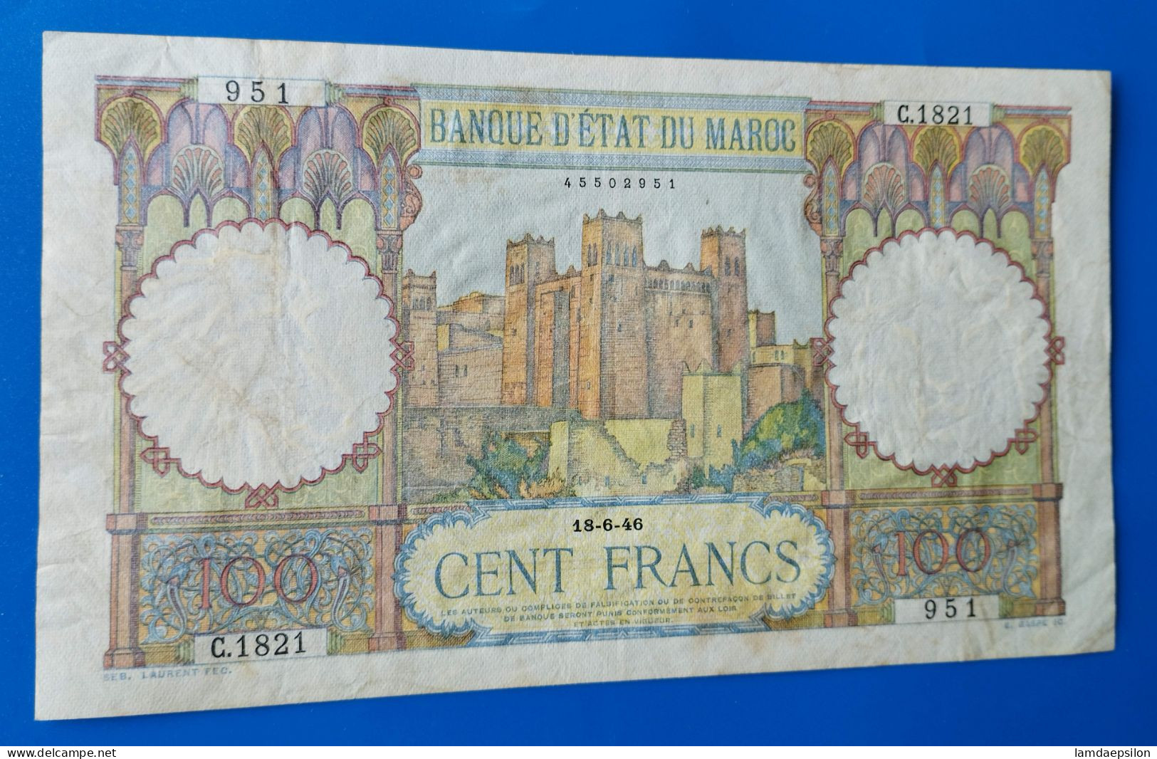 MAROC MOROCCO MARRUECOS MAROKKO BANQUE D'ETAT 100 FRANC 1946 - Marokko