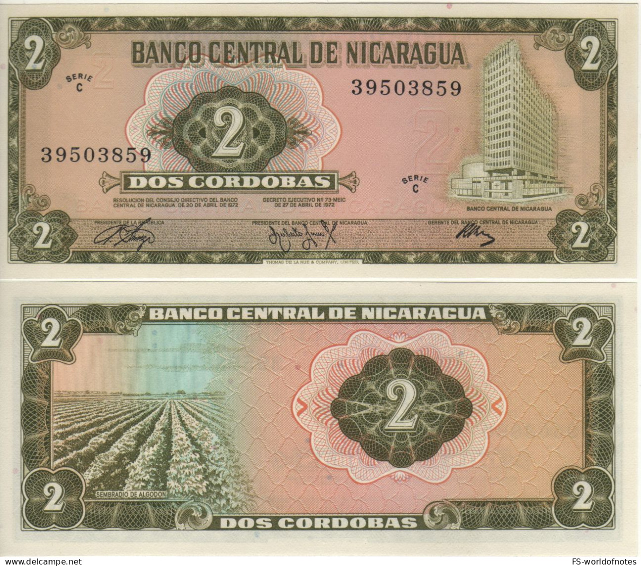 NICARAGUA.  2 Cordobas  P121   1972  ( Banco Central Building  + Cotton Fields At Back )  UNC - Nicaragua