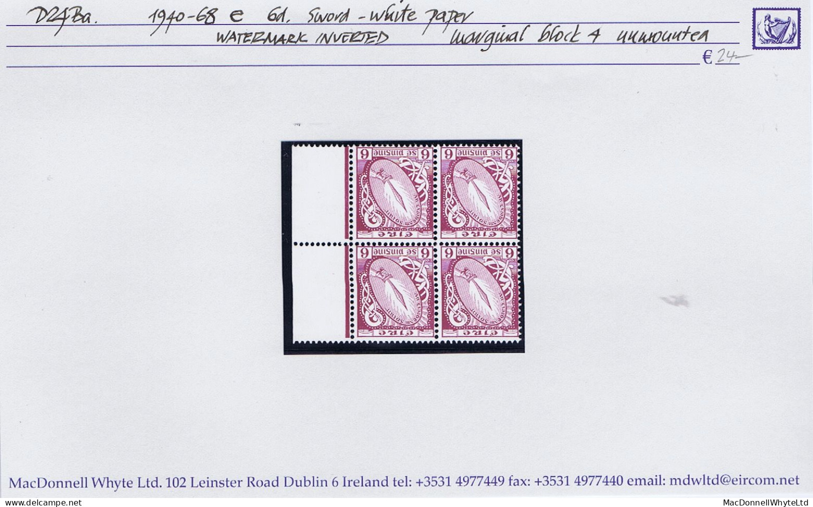 Ireland 1940-68 Wmk E 6d Purple White Paper Var. Watermark Inverted Marginal Block Of 4 Mint Unmounted - Ungebraucht