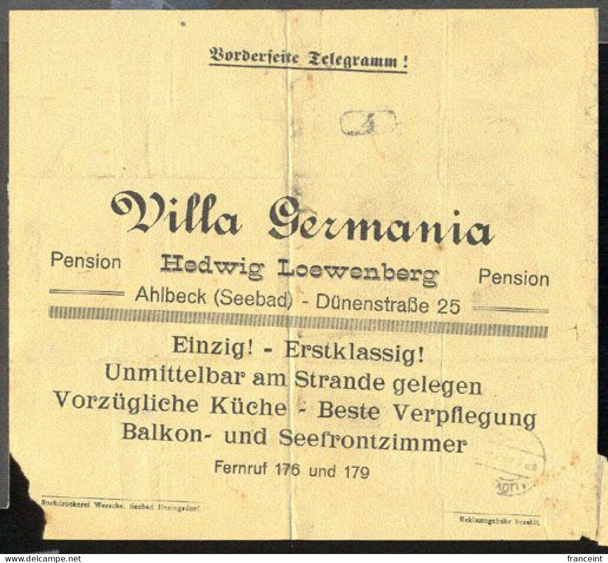 GERMANY(1924) Restaurant. Telegram With Printed Ad For Villa Germania In Ahlbeck - Vorzugliche Kuche - Beste Verpflegung - Otros & Sin Clasificación