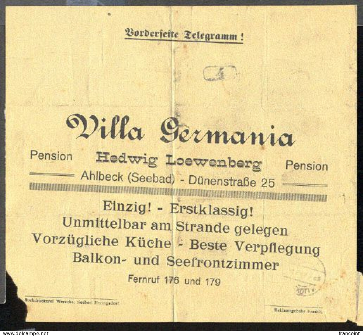 GERMANY(1924) Restaurant. Telegram With Printed Ad For Villa Germania In Ahlbeck - Vorzugliche Kuche - Beste Verpflegung - Andere & Zonder Classificatie
