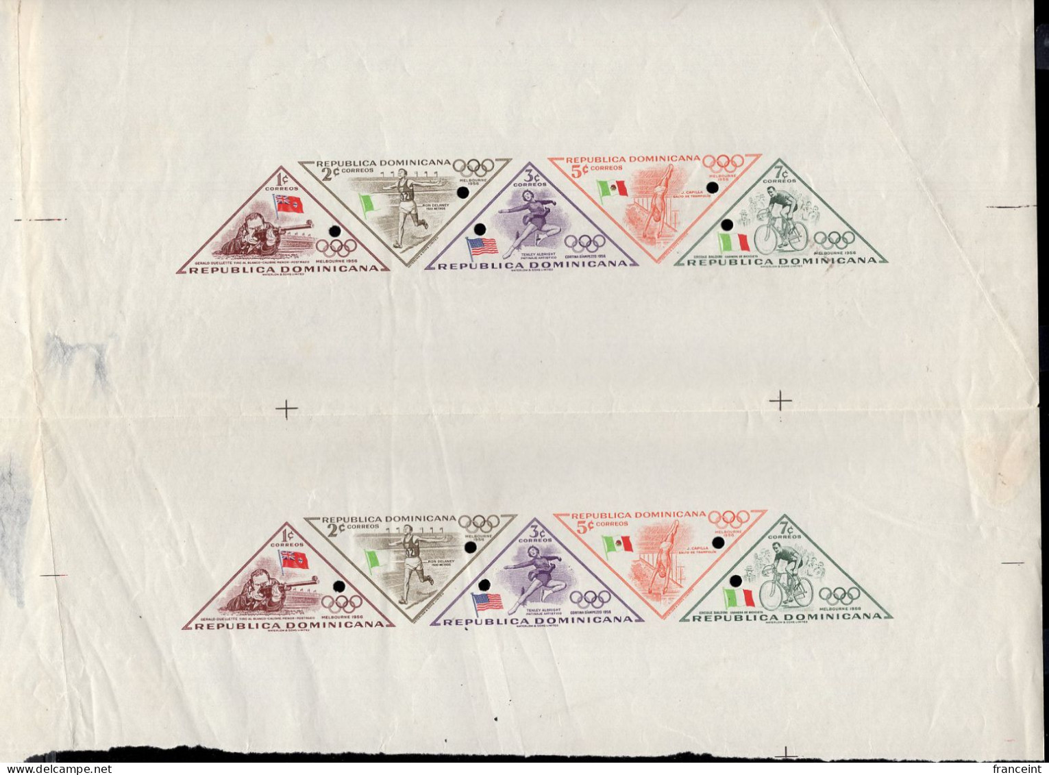 DOMINICAN REPUBLIC(1956) Melbourne Olympics. Proof Sheet Showing Vignettes Of First 5 Stamps (non-airmail) Of Triangle S - Verano 1952: Helsinki