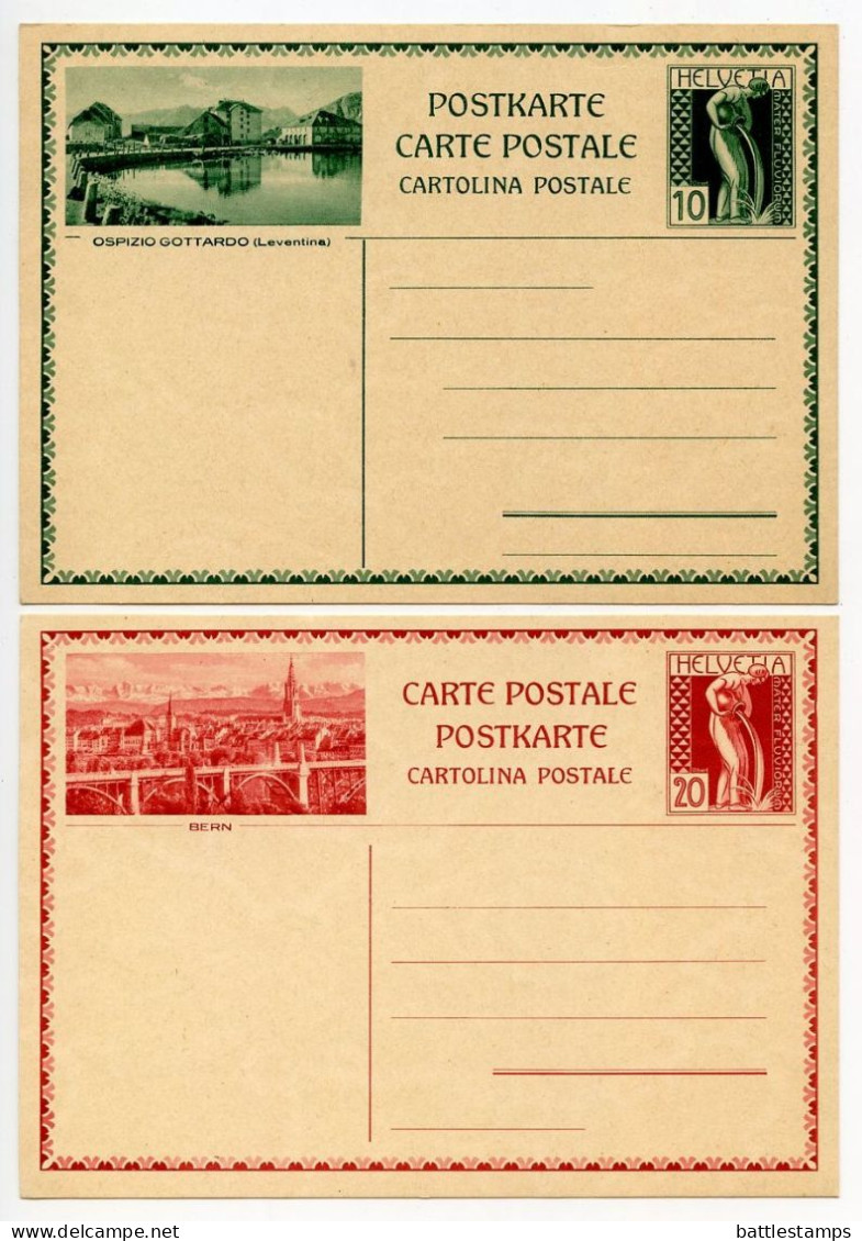Switzerland 1930's 2 Different Mint Postal Cards - 10c. & 20c. Water Bearer, Illustrations Of Ospizio  Gottardo & Bern - Entiers Postaux