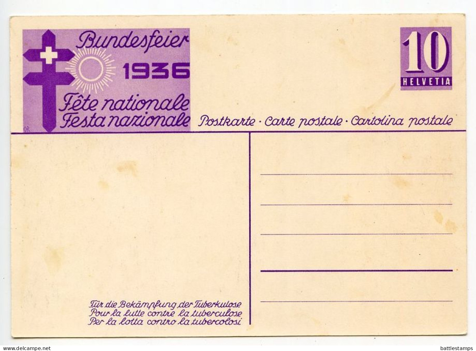 Switzerland 1936 Mint Illustrated Postal Card - 10c. Bundesfeir, Fete Nationale, Festa Nazionale - Entiers Postaux