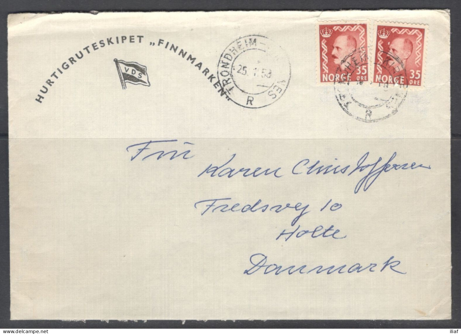 Norway. Stamps Sc. 312 On Letter, Sent From MS “Finnmarken”-Hurtigruten Ships, Canceled In Trondheim On 25.01.1958 - Briefe U. Dokumente