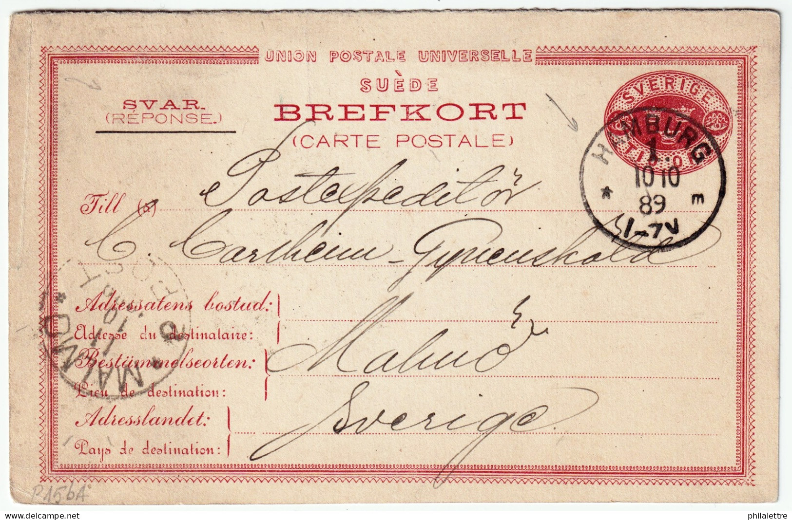 SUÈDE / SWEDEN -1889 - 10ö REPLY Postal Card Used From HAMBURG, Germany To Malmö, Sweden - Enteros Postales