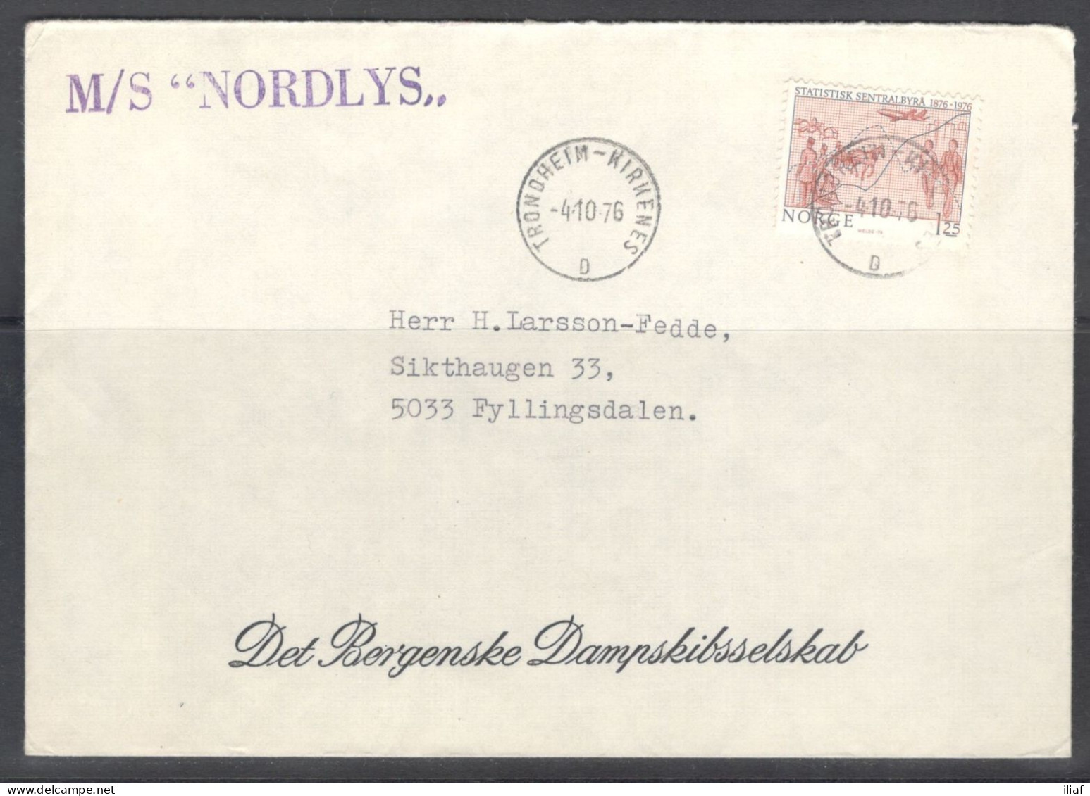 Norway. Stamps Sc. 679 On Letter, Sent From MS “Nordlys”-Hurtigruten Ships, Canceled In Trondheim On 4.10.1976. - Storia Postale