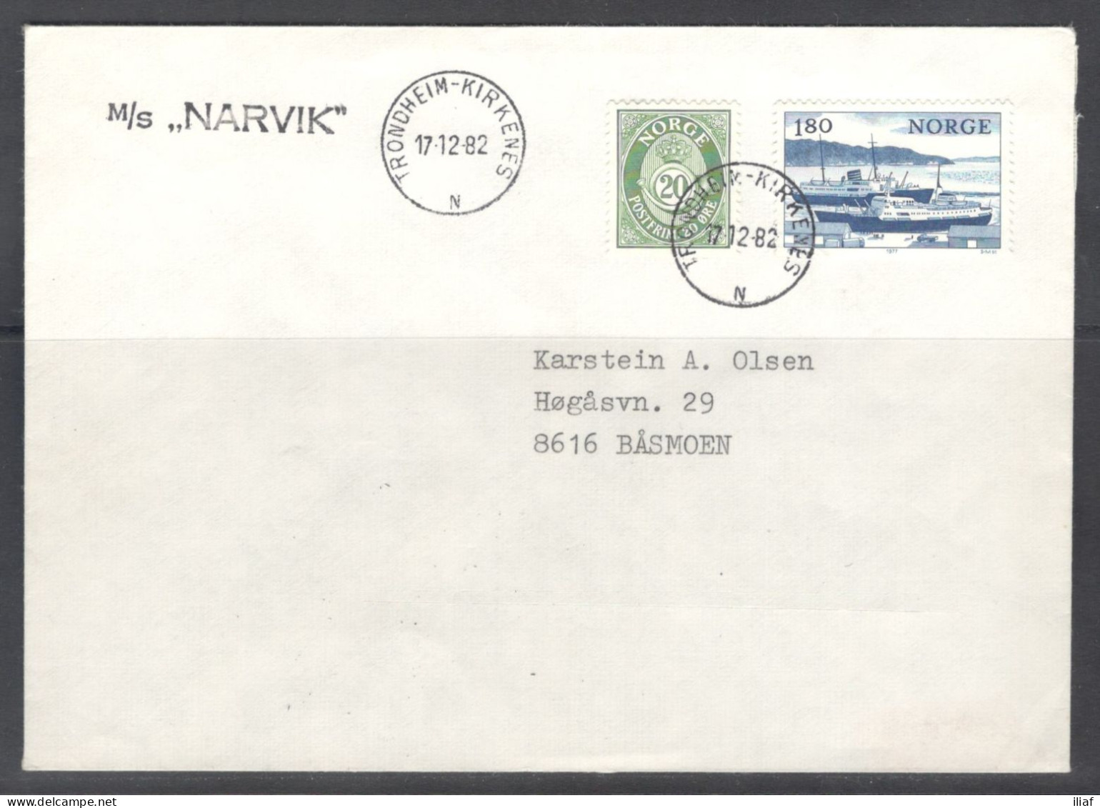 Norway. Stamps Sc. 419 And Sc. 701 On Letter, Sent From M/S “Narvik”-Hurtigruten Ships, Canceled In Trondheim 17.12.1982 - Brieven En Documenten
