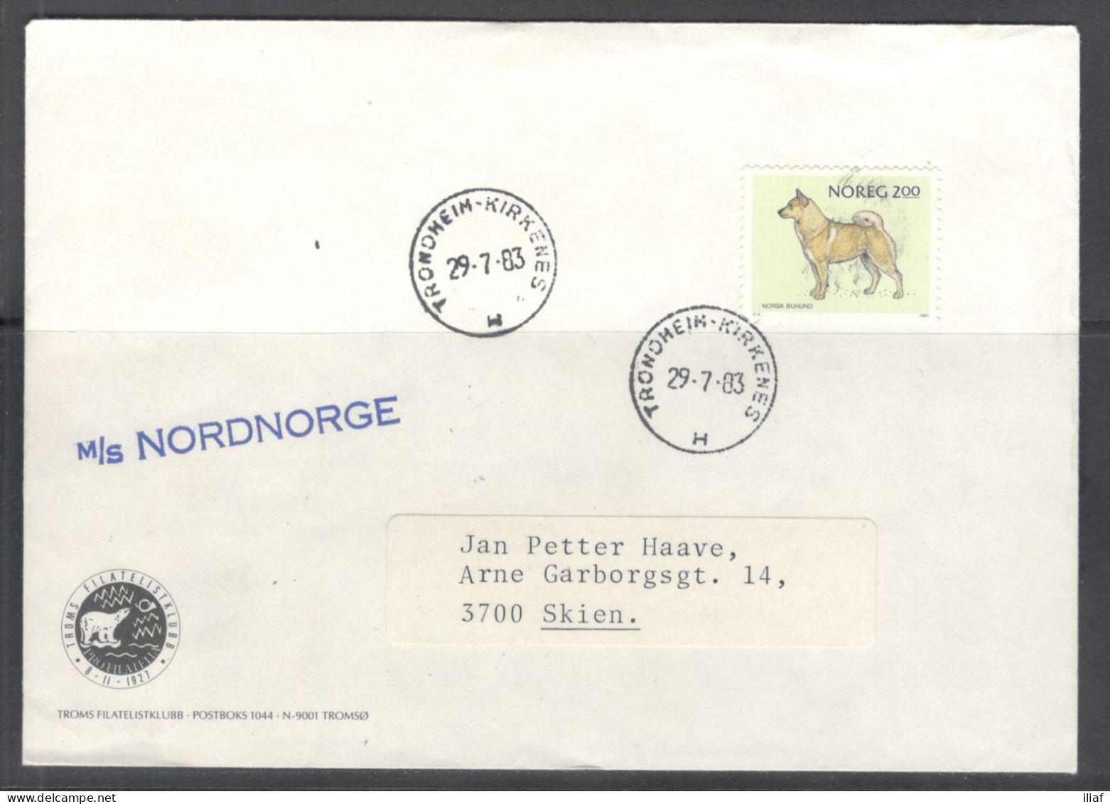 Norway. Stamps Sc. 816 On Letter, Sent From M/S “Nordnorge”-Hurtigruten Ships, Canceled In Trondheim On 29.07.1983. - Lettres & Documents