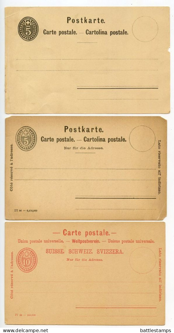 Switzerland 19th Century 3 Different Mint Swiss Cross Postal Cards - Entiers Postaux
