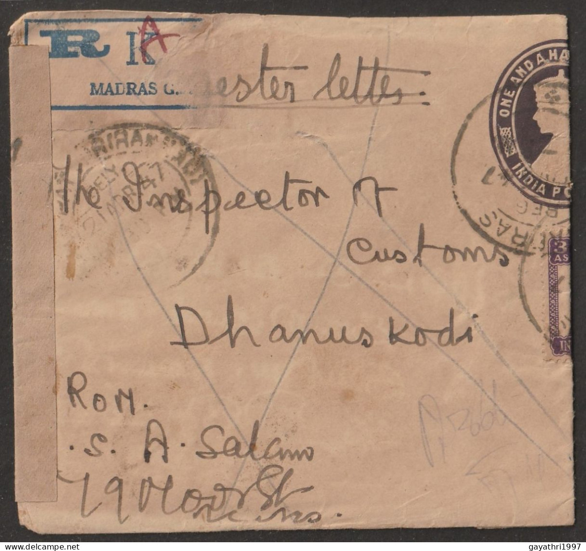 India 1947 K G VI Service Stamps On Cover From Custom House Dhanush Kodi ( Present No Custom Office )a31 - Timbres De Service