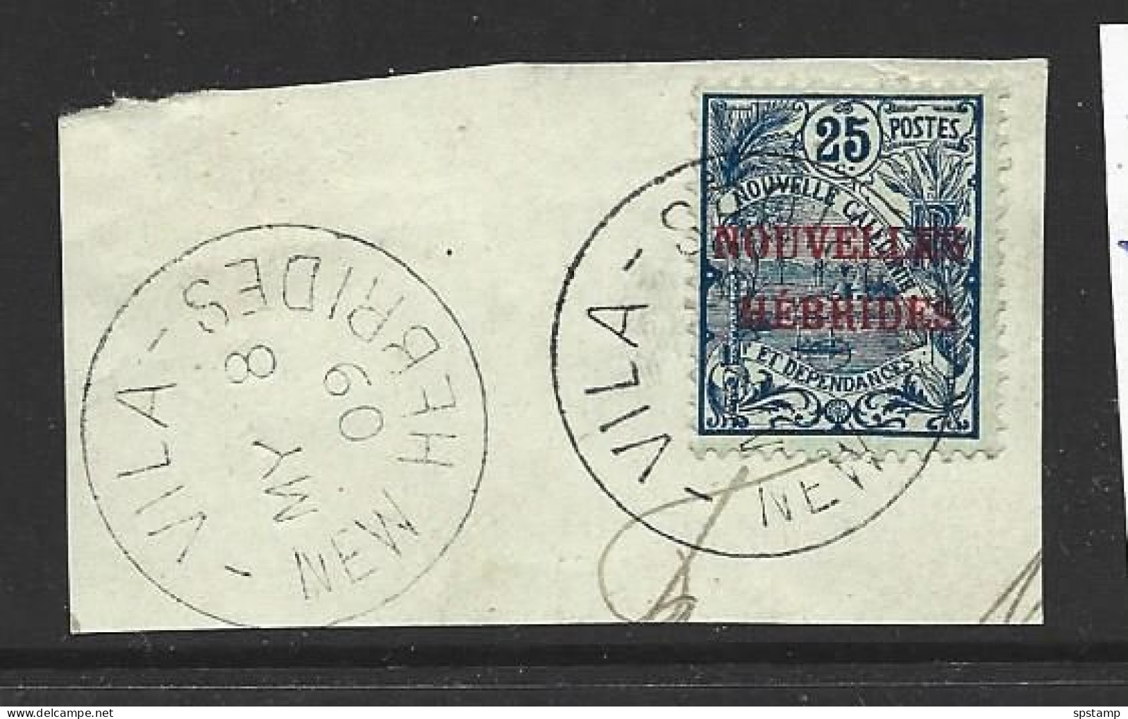 New Hebrides French 1908 Overprints On New Caledonia 25c Blue FU On Large Piece , 2 Neat Strikes Of Cds - Gebruikt