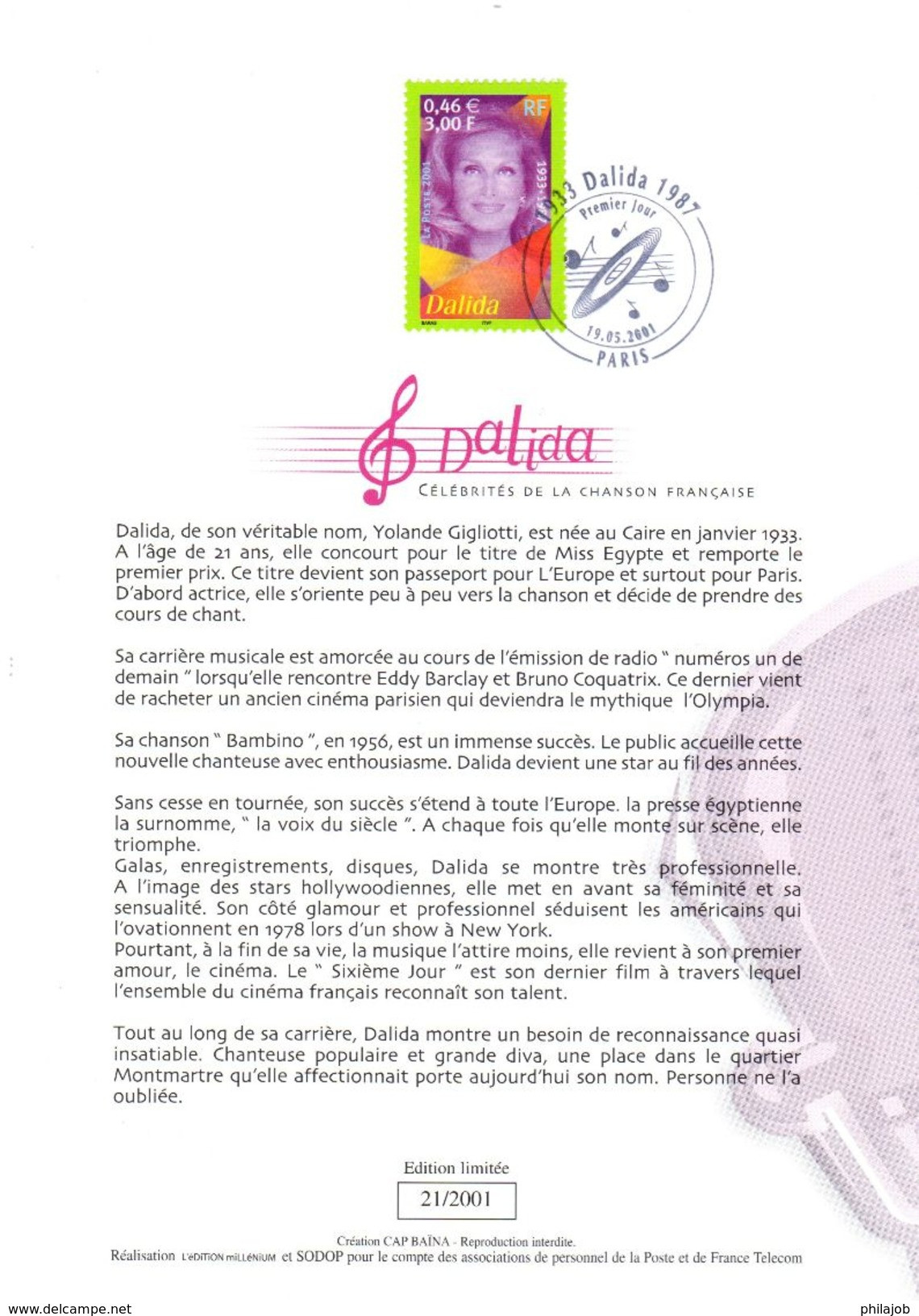 " DALIDA "  Sur Encart 1er Jour De 2001 De France.Editions Millénium. N° YT 3394. Parfait état. FDC à Saisir !!! - Cantantes
