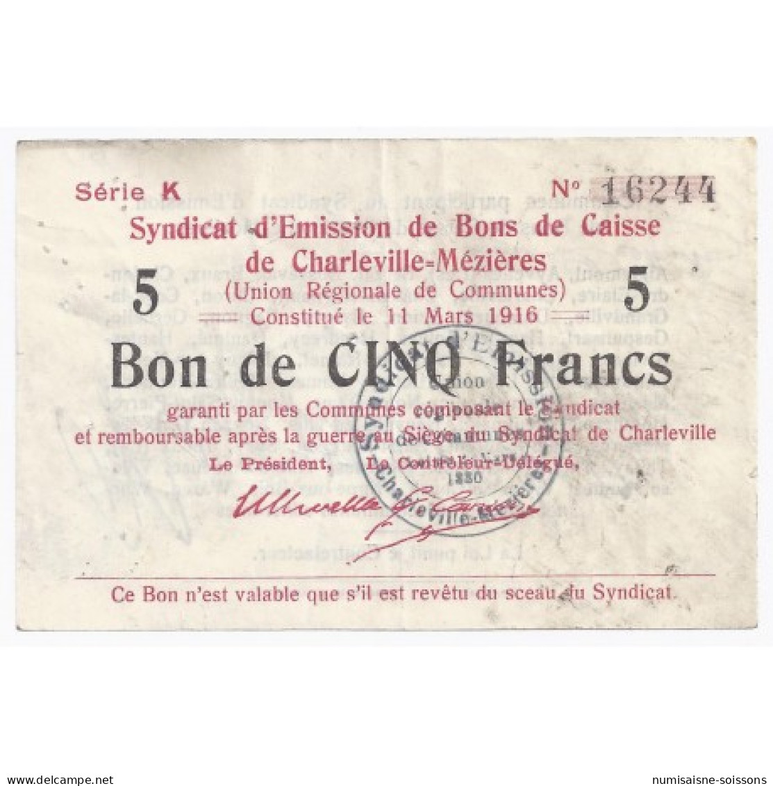 08 - CHARLEVILLE MEZIERES - SYNDICAT D'EMISSION DE BONS DE CAISSE - 5 FRANCS 1916 - TTB - Non Classés