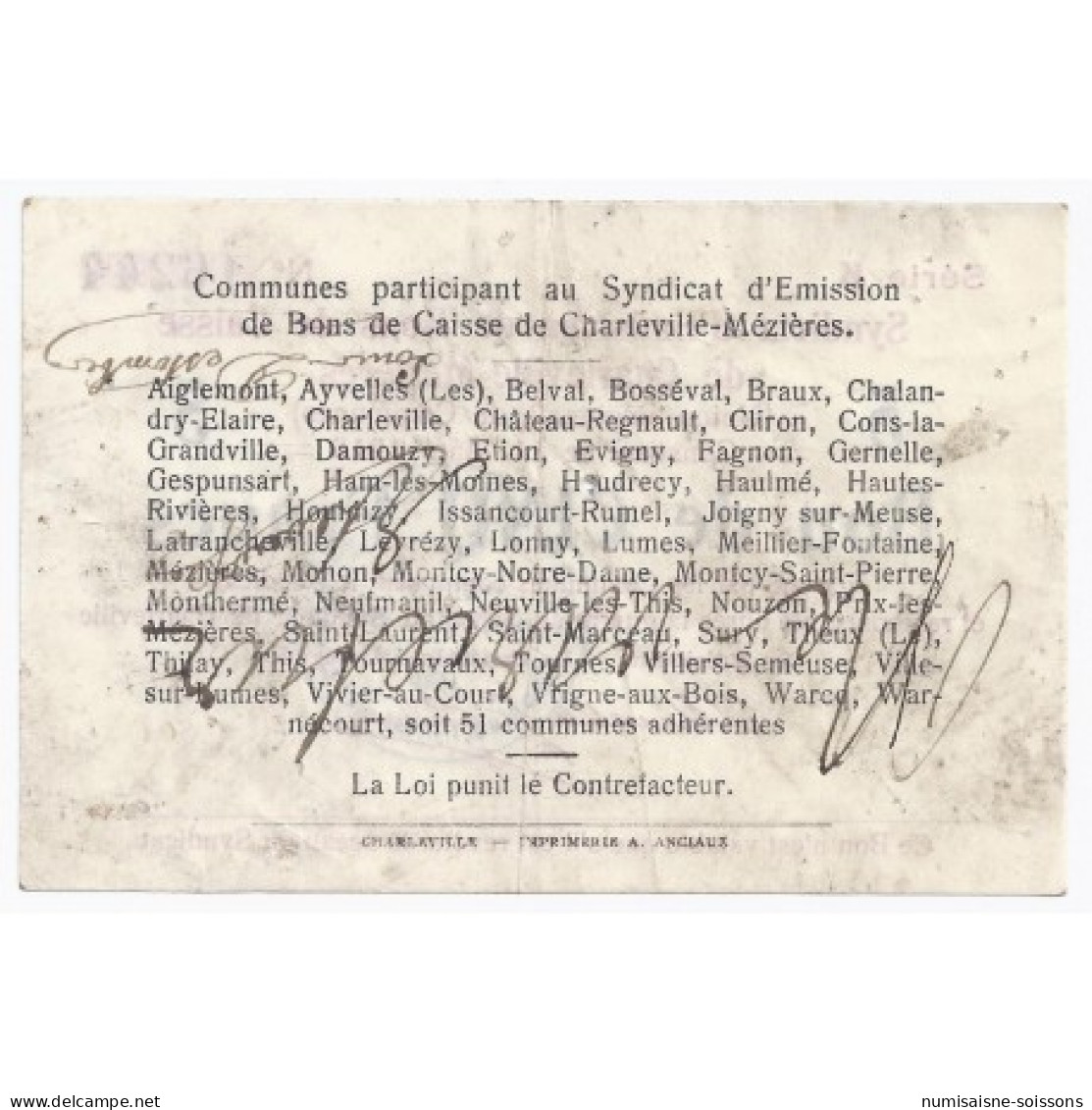 08 - CHARLEVILLE MEZIERES - SYNDICAT D'EMISSION DE BONS DE CAISSE - 5 FRANCS 1916 - TTB - Unclassified