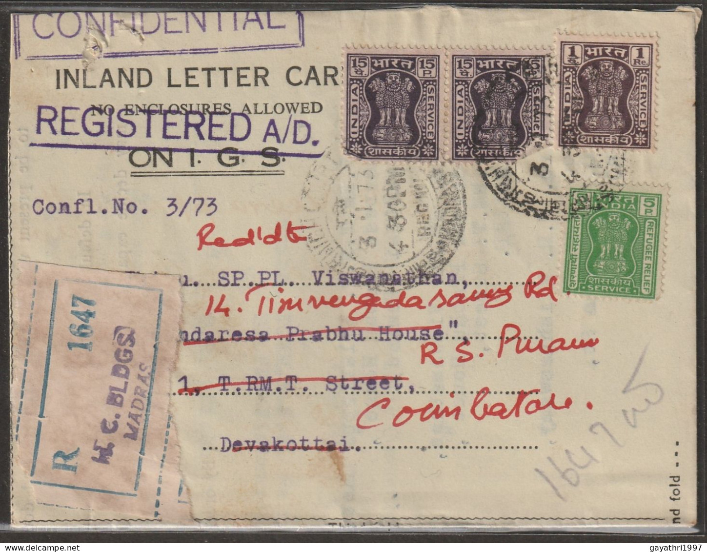 India 1973 Refugee Relief Service Stamp With Private Inland Letter With Other 3 Stamps Used From High Court  (a67) - Dienstzegels