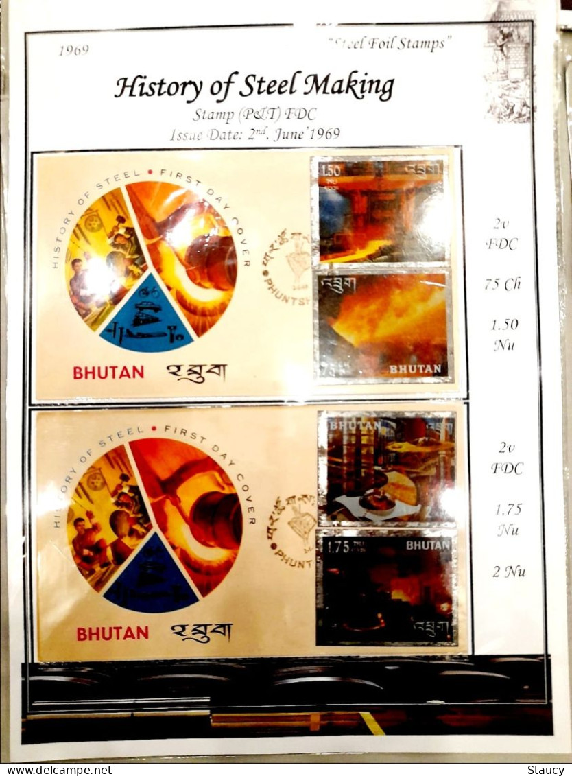 BHUTAN 1969 RARE COLLECTION Of STEEL 3d Printed On STEEL Foil 12v SET + 6 Souvenir Sheets + 6 Off FDC's + 2 Agency FDC - Erreurs Sur Timbres