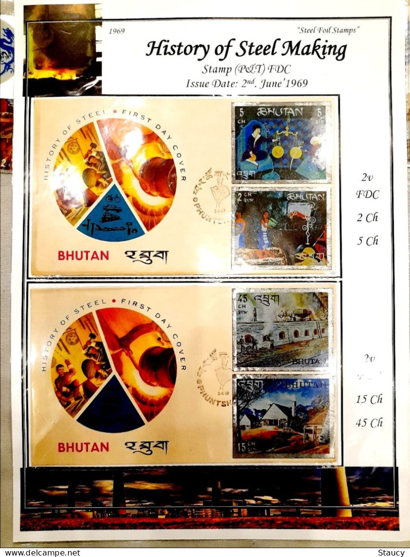 BHUTAN 1969 RARE COLLECTION Of STEEL 3d Printed On STEEL Foil 12v SET + 6 Souvenir Sheets + 6 Off FDC's + 2 Agency FDC - Fouten Op Zegels