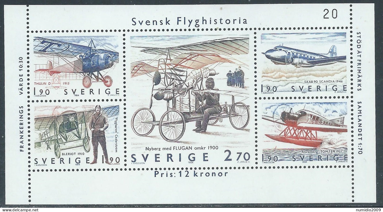 1984 SVEZIA FOGLIETTO STORIA DELL'AVIAZIONE MNH ** - F2 - Blocks & Sheetlets