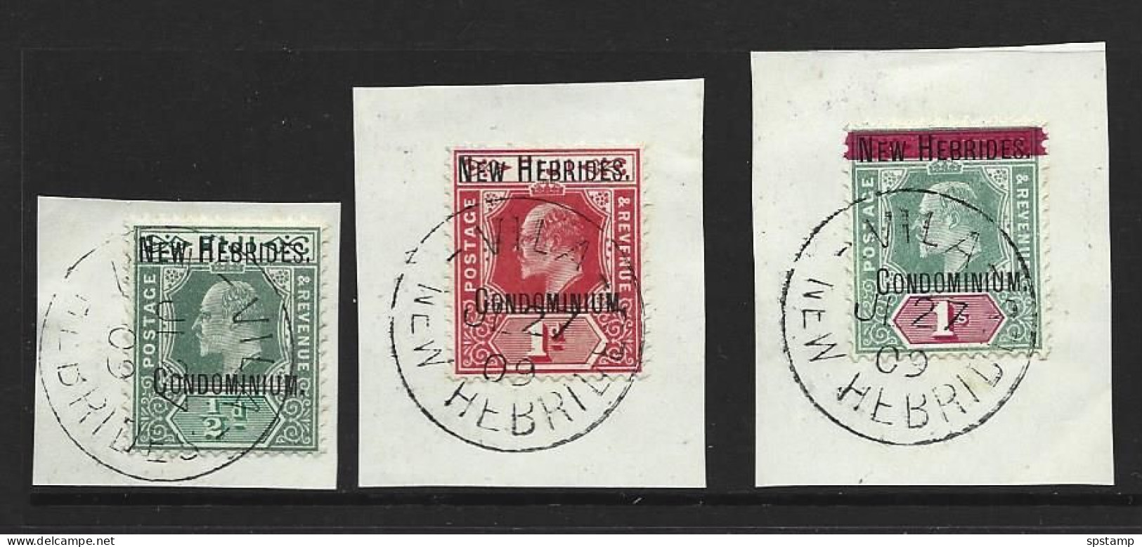 New Hebrides 1908 Overprints On Fiji 1/2d Green & Blue Green , 1d Red & 1/- Green & Carmine FU On 3 Separate Pieces - Gebruikt