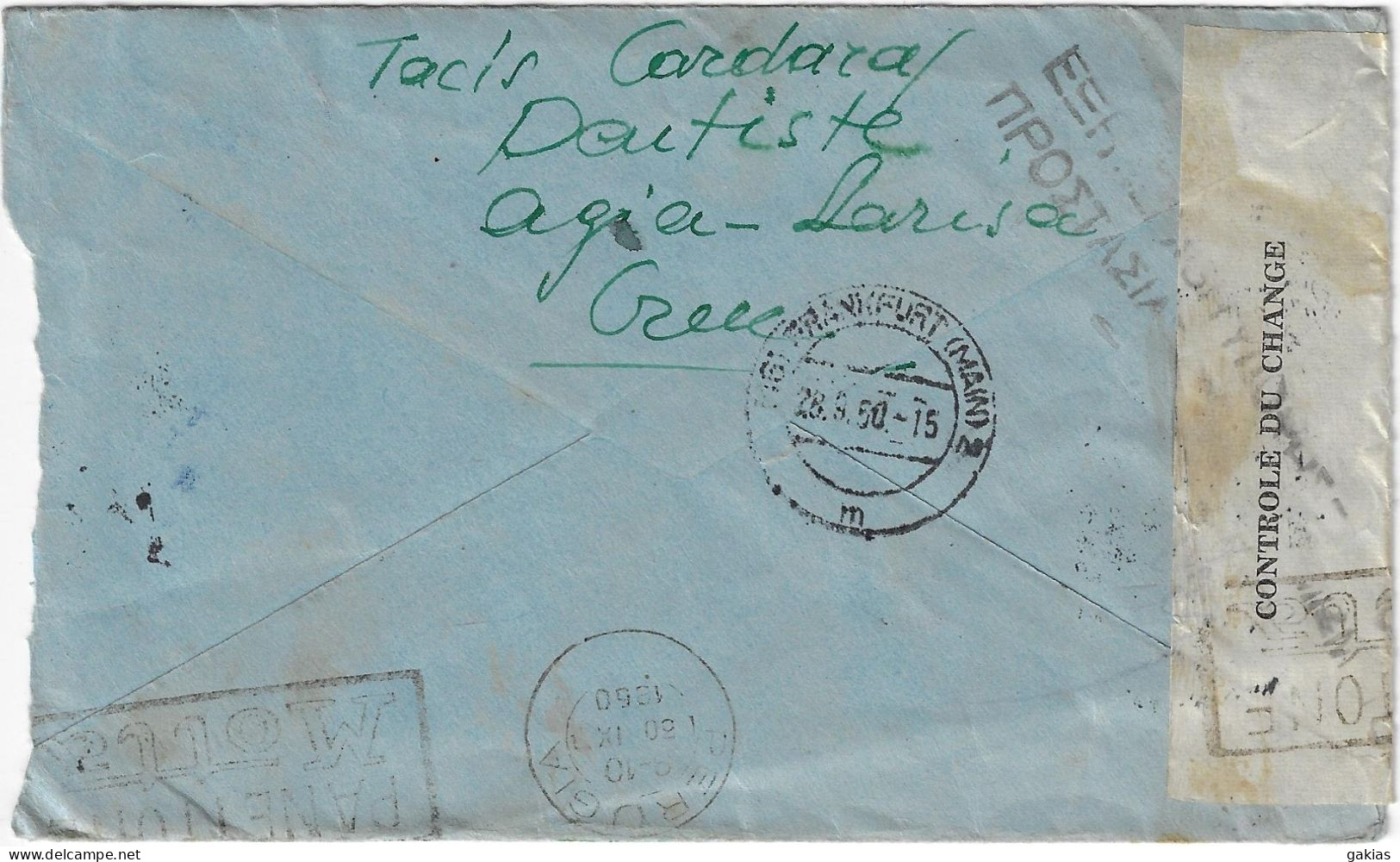 GREECE 1950 EXCHANGE CONTROL AIR COVER TO ITALY VIA GERMANY (!), Pmk ΑΓΙΑ. Good Condition. - Briefe U. Dokumente